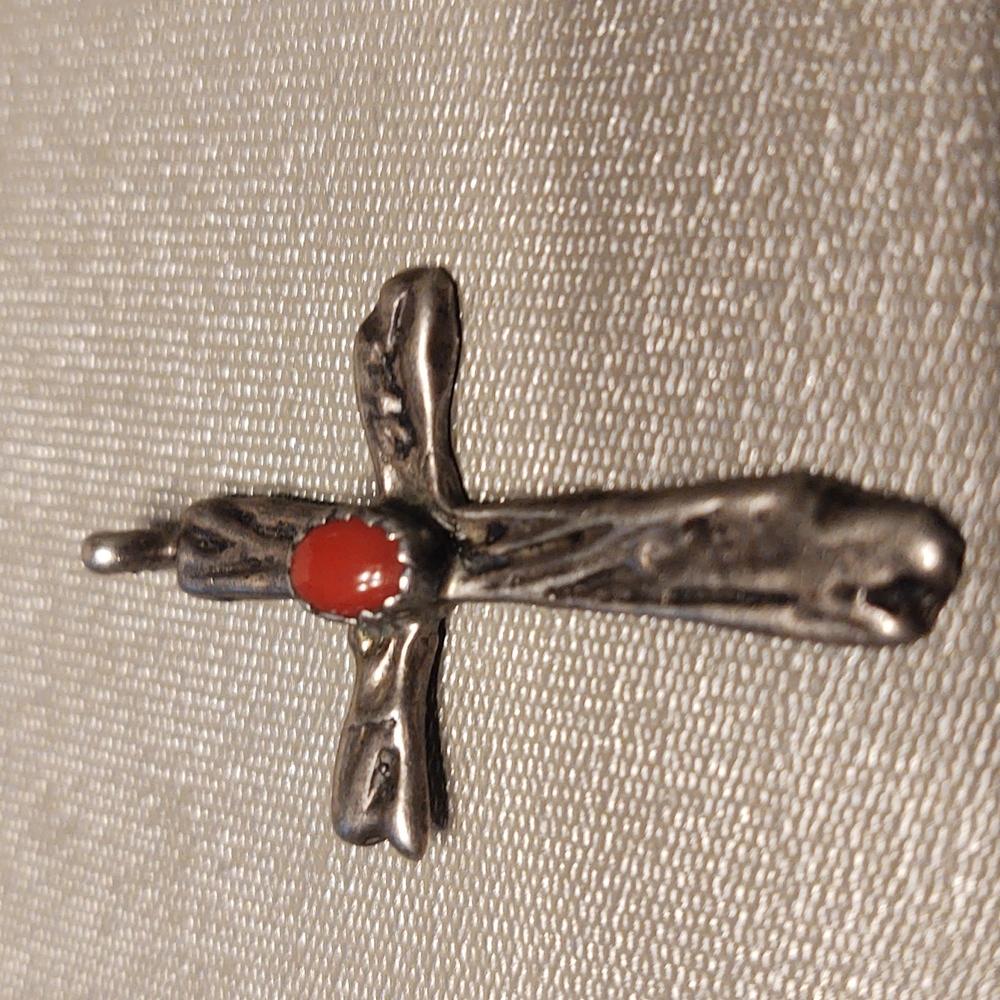 Coral Stone Sterling Silver Crucifix Pendant